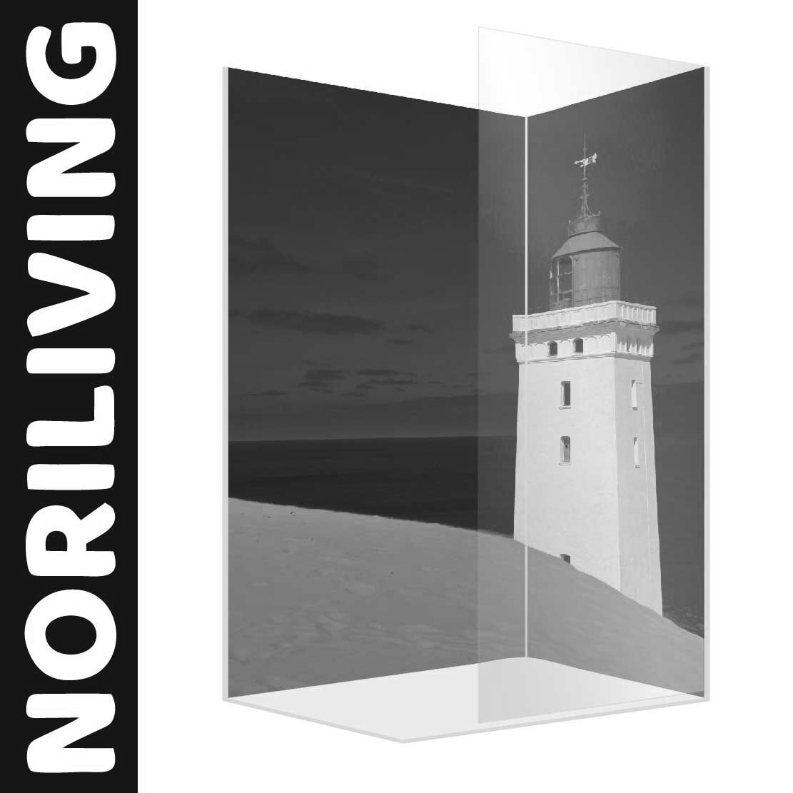 Abbildung einer Eck-Duschrückwand mit Motiv Leuchtturm auf einer Sanddüne Rubjerg Knude Dänemark 868 schwarz-weiß