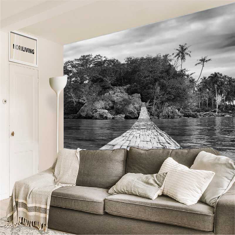 im Wohnzimmer eingebaute Wohnzimmerrückwand mit Motiv einsame romantische Insel 217 schwarz-weiß