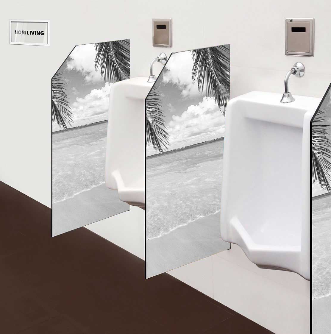 in der Toilette eingebaute Schamwand mit Motiv Kokospalmblätter mit Blick auf das Meer 845 schwarz-weiß