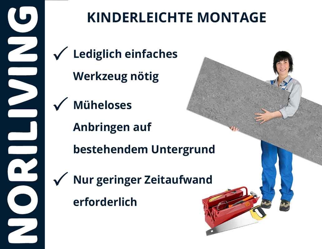 Person hält großes Paneel mit Werkzeugkasten; einfache Montageanleitung von NORILIVING