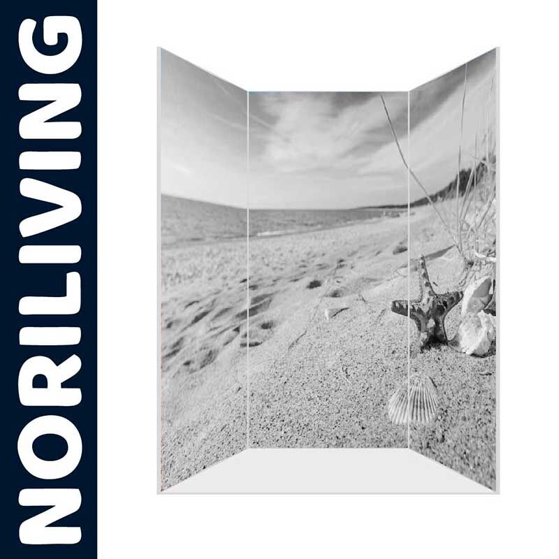 Schwarz-Weiß-Raumteiler mit Strand, Muscheln und einem Seestern, Marke Noriliving