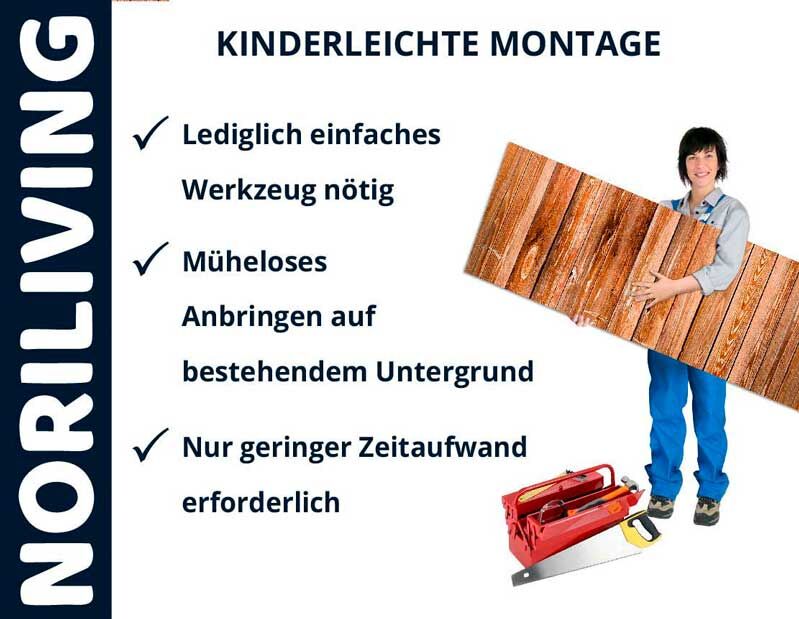 Mann hält Holzpaneele; Text beschreibt einfache Montage mit geringem Werkzeugaufwand.