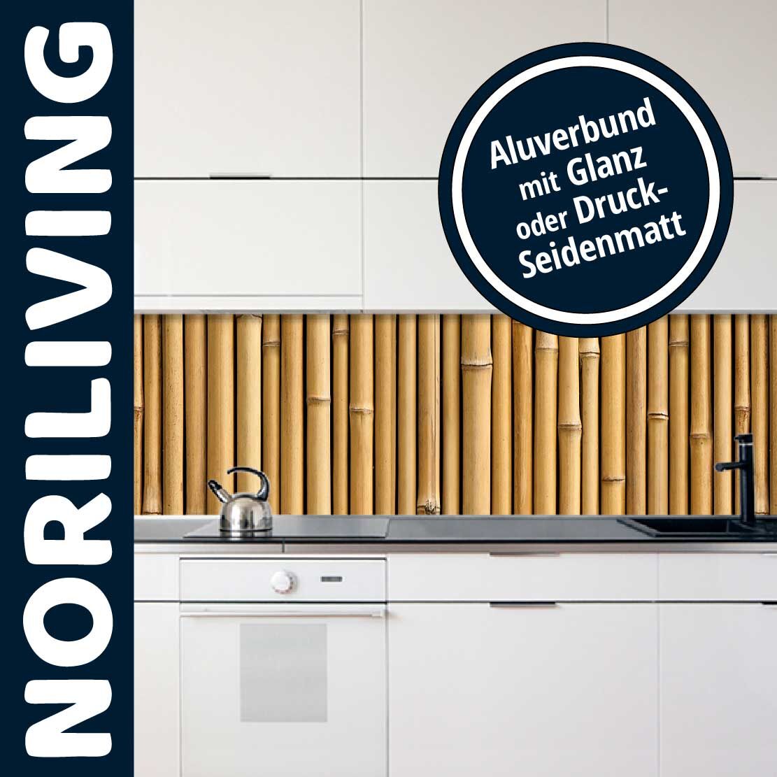 Moderne Küche mit Bambus-Motiv auf Aluverbundplatte als Rückwand, erhältlich in Glanz oder Seidenmatt