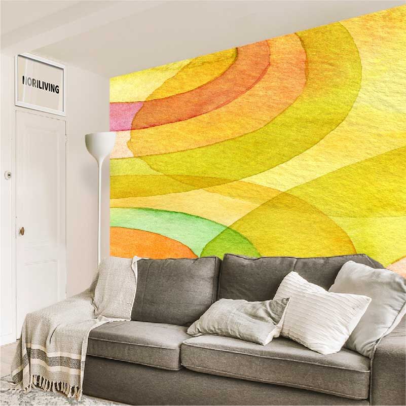 im Wohnzimmer eingebaute Wohnzimmerrückwand mit Motiv abstrakte Aquarellkreise 407