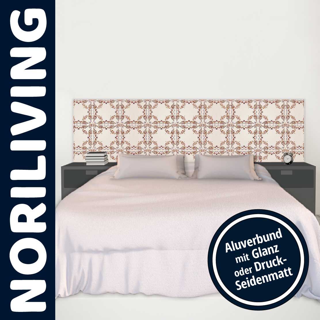 Schlafzimmer mit dekorativem Kopfteilmuster auf Aluverbund, wahlweise in Glanz oder Druck-Seidenmatt.