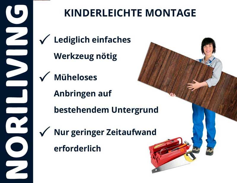Person hält Holzplatte, daneben Punkte: Einfache Montage, Mühelos anbringen, geringer Zeitaufwand. Für Noriliving Produkte.