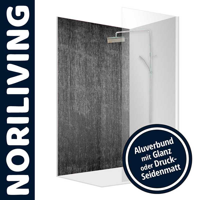 Eine moderne Duschwand von NORILIVING mit einer Oberfläche aus Aluverbund, die in glänzender oder druck-seidenmatter Ausführung erhältlich ist.