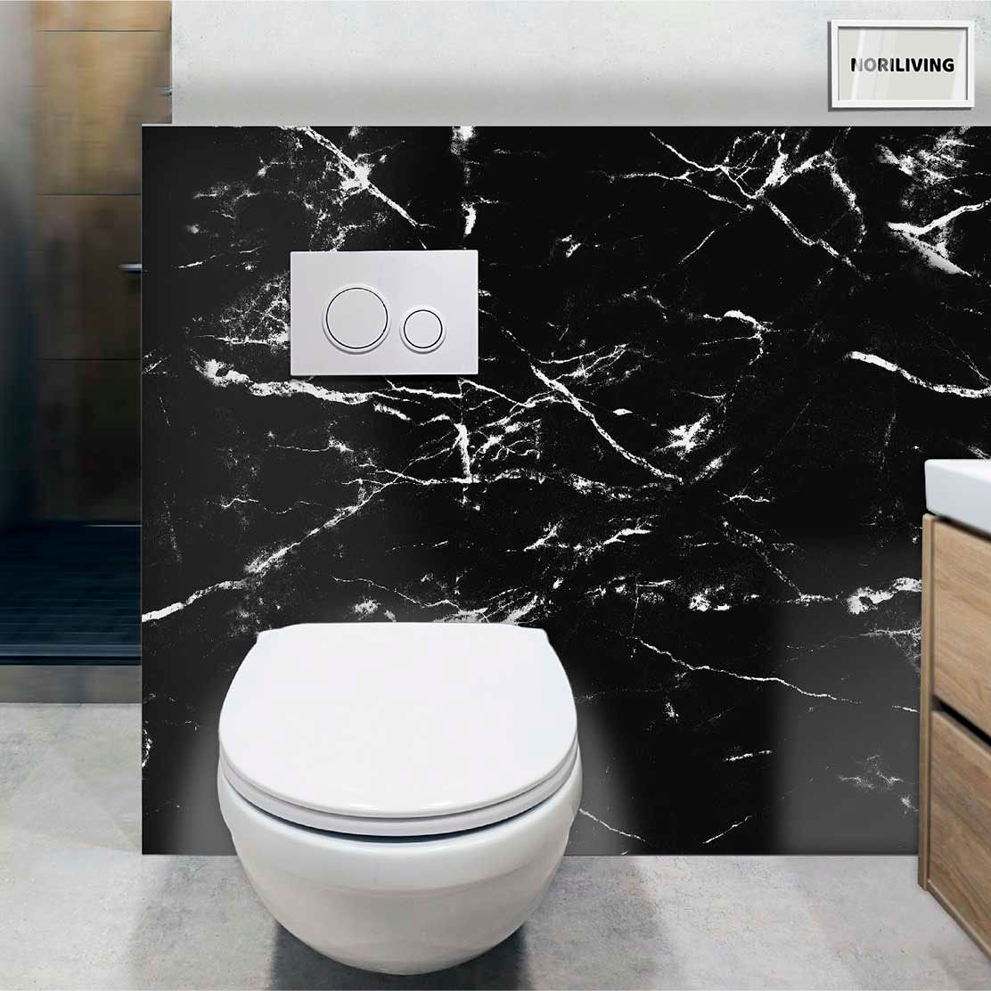 im WC eingebaute Toilettenrückwand mit Motiv Marmorstruktur schwarz 396 schwarz-weiß