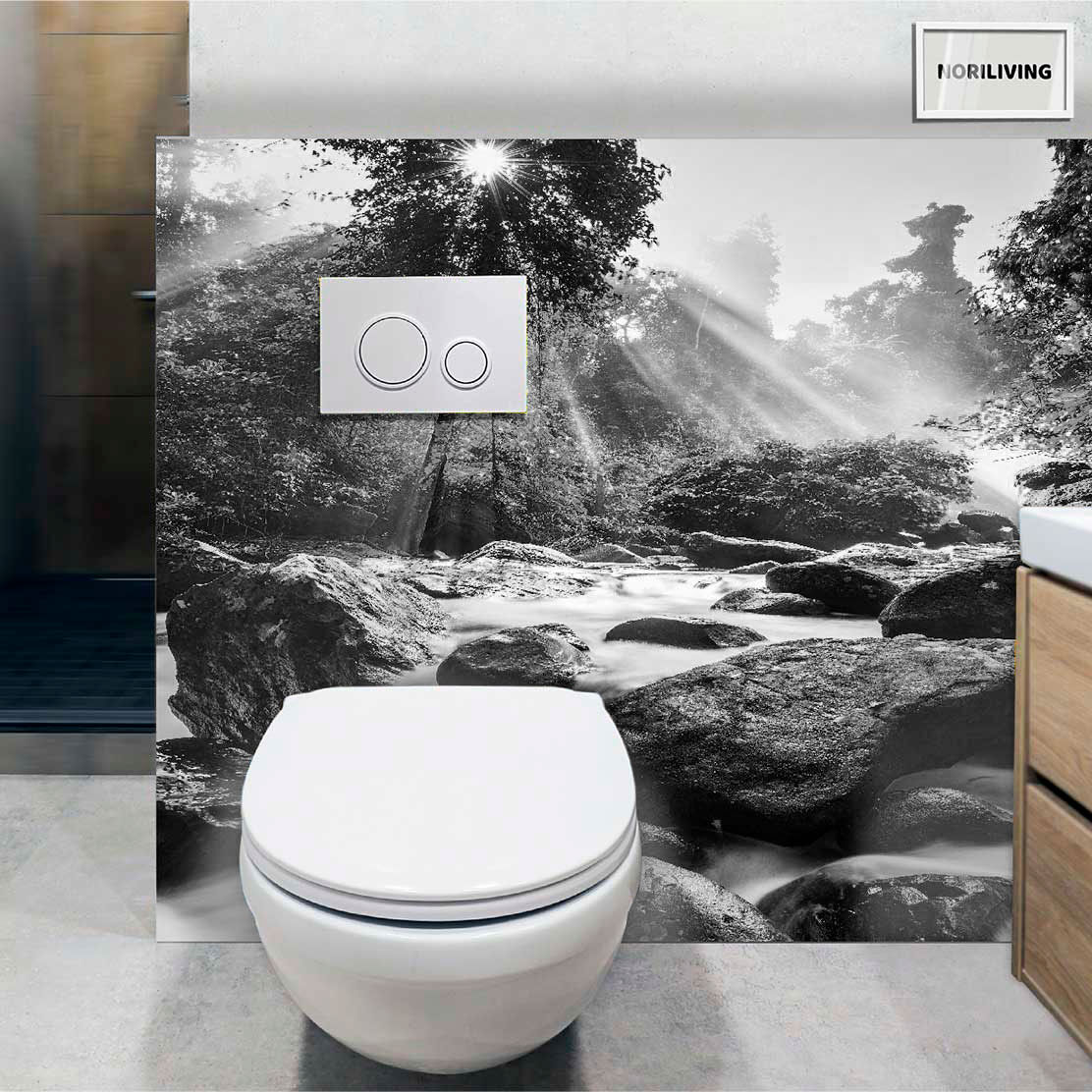 im WC eingebaute Toilettenrückwand mit Motiv kleiner Wasserlauf über Felsen 736 schwarz-weiß