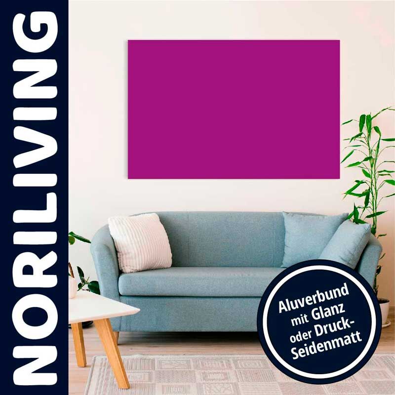 Ein stilvoll eingerichtetes Wohnzimmer mit einem blauen Sofa, darauf liegende Kissen, und ein großes, pinkes Wandbild aus Aluverbund mit Glanz- oder Druck-Seidenmatt-Oberfläche an der Wand.