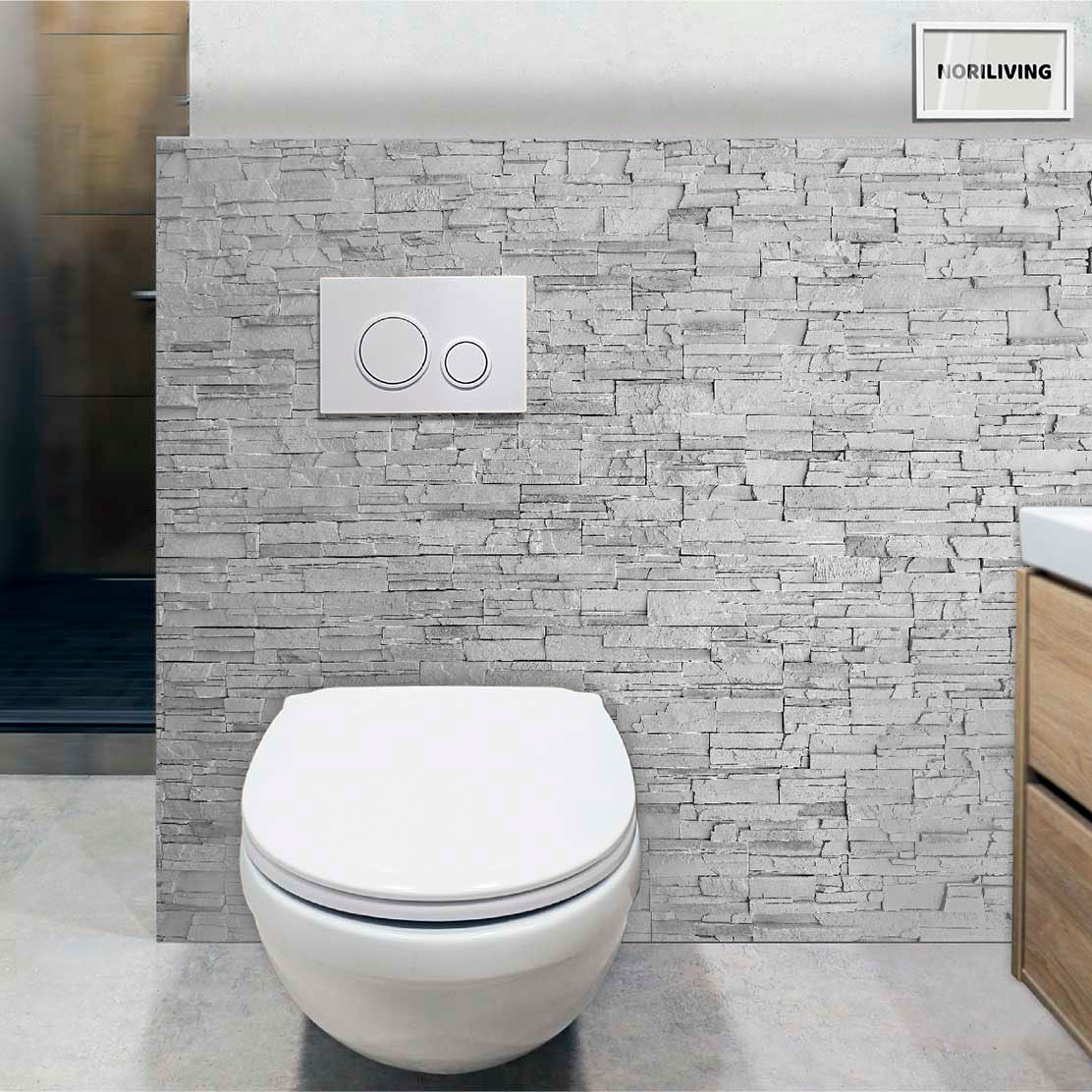 im WC eingebaute Toilettenrückwand mit Motiv Steinwand beige 327 schwarz-weiß