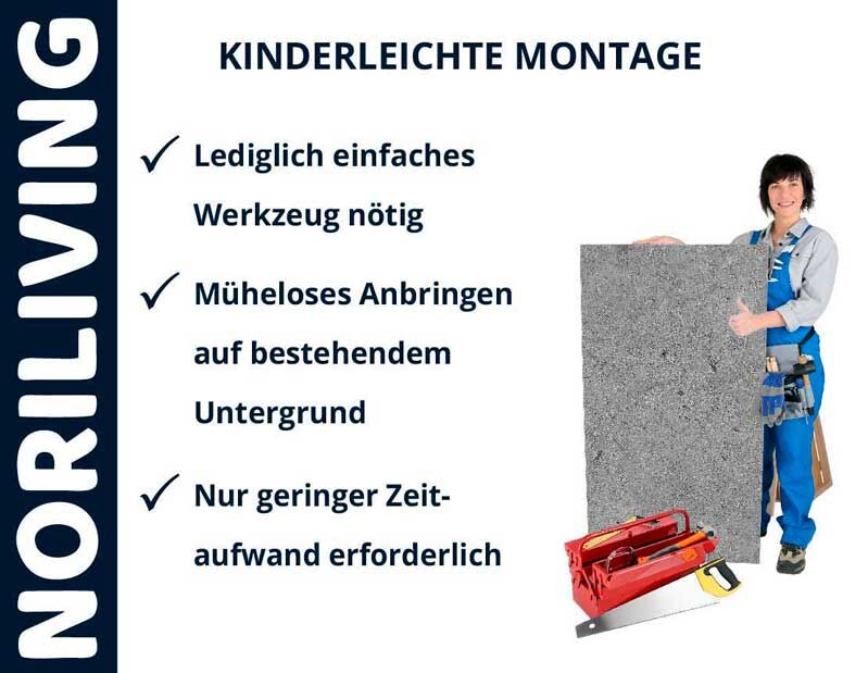 Person mit großer Platte und Werkzeug, NORILIVING kinderleichte Montage, lediglich einfaches Werkzeug nötig, müheloses Anbringen auf bestehendem Untergrund, nur geringer Zeitaufwand erforderlich
