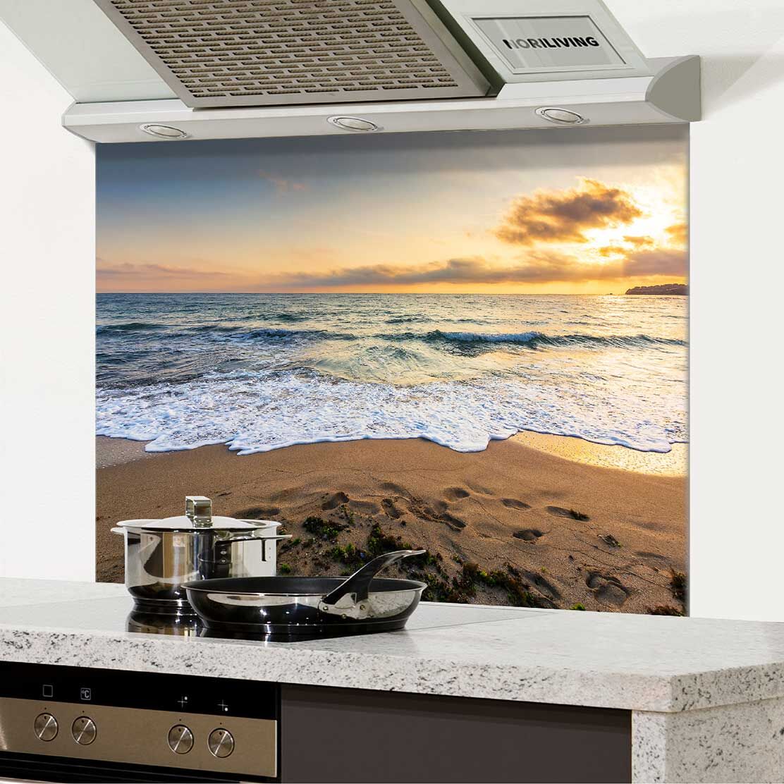 in der Küche eingebauter Spritzschutz Küche - Herd mit Motiv Sandstrand bei Sonnenaufgang 873