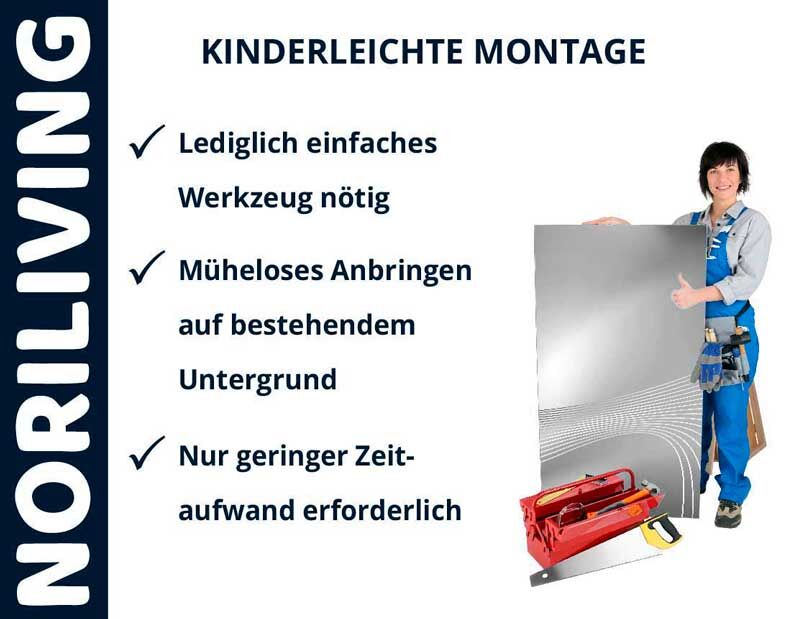 Werbung von Noriliving zeigt einfache Montage mit wenig Werkzeug und Zeitaufwand