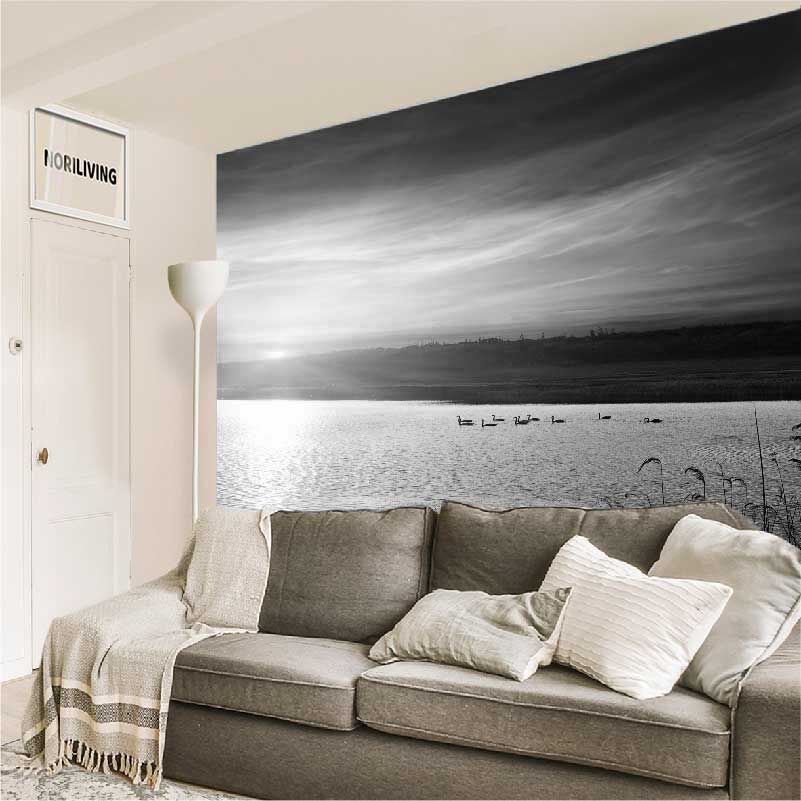im Wohnzimmer eingebaute Wohnzimmerrückwand mit Motiv Sonnenuntergang über dem Fluss mit Schwänen 749 schwarz-weiß