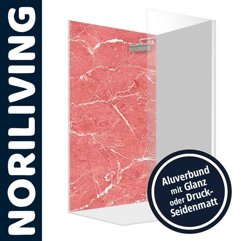 Duschwand von NORILIVING in roter Marmor Optik, erhältlich in Aluverbund mit Glanz oder Druck-Seidenmatt