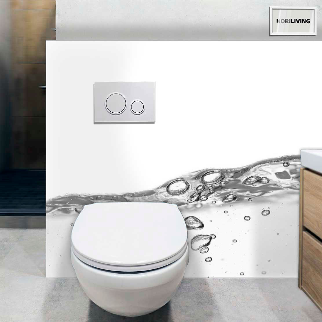 im WC eingebaute Toilettenrückwand mit Motiv Wasserwelle mit Luftblasen 640 schwarz-weiß