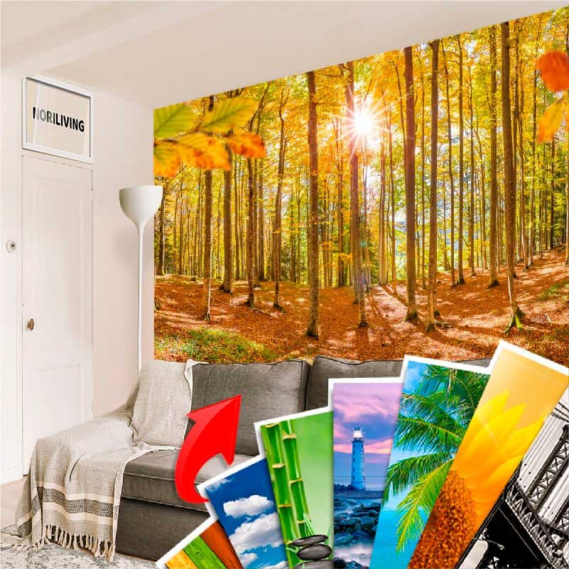 Wanddekoration mit Naturthema im Wohnzimmer Wohnzimmer mit einer großen Waldtapete und mehreren kleinen bunten Wandbildern