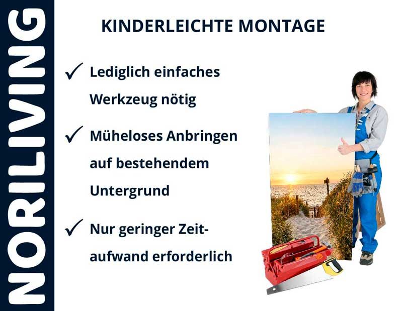 Noriliving Werbung: Frau mit Bild und Werkzeugkasten, Text: Kinderleichte Montage – Einfache Werkzeuge, problemloses Anbringen, geringer Zeitaufwand