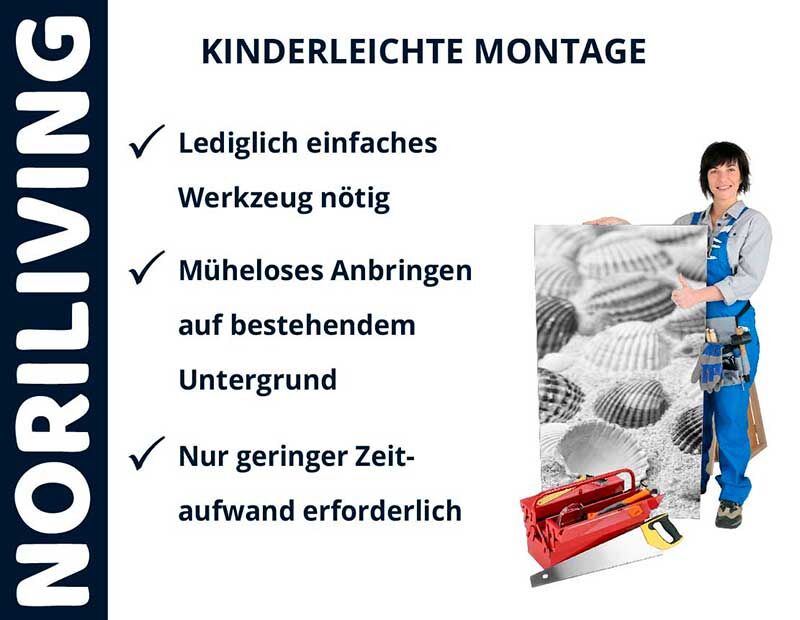 Noriliving-Werbung: einfache Montage, wenig Werkzeug, müheloses Anbringen, geringer Zeitaufwand