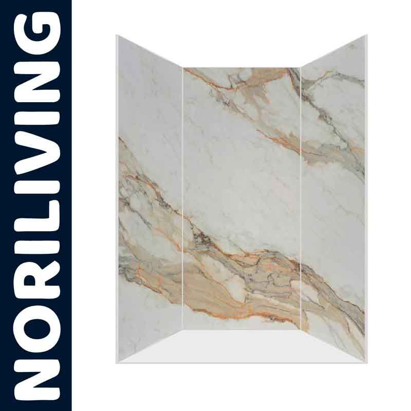 NORILIVING Duschwand mit weißem und orangenem Marmormuster