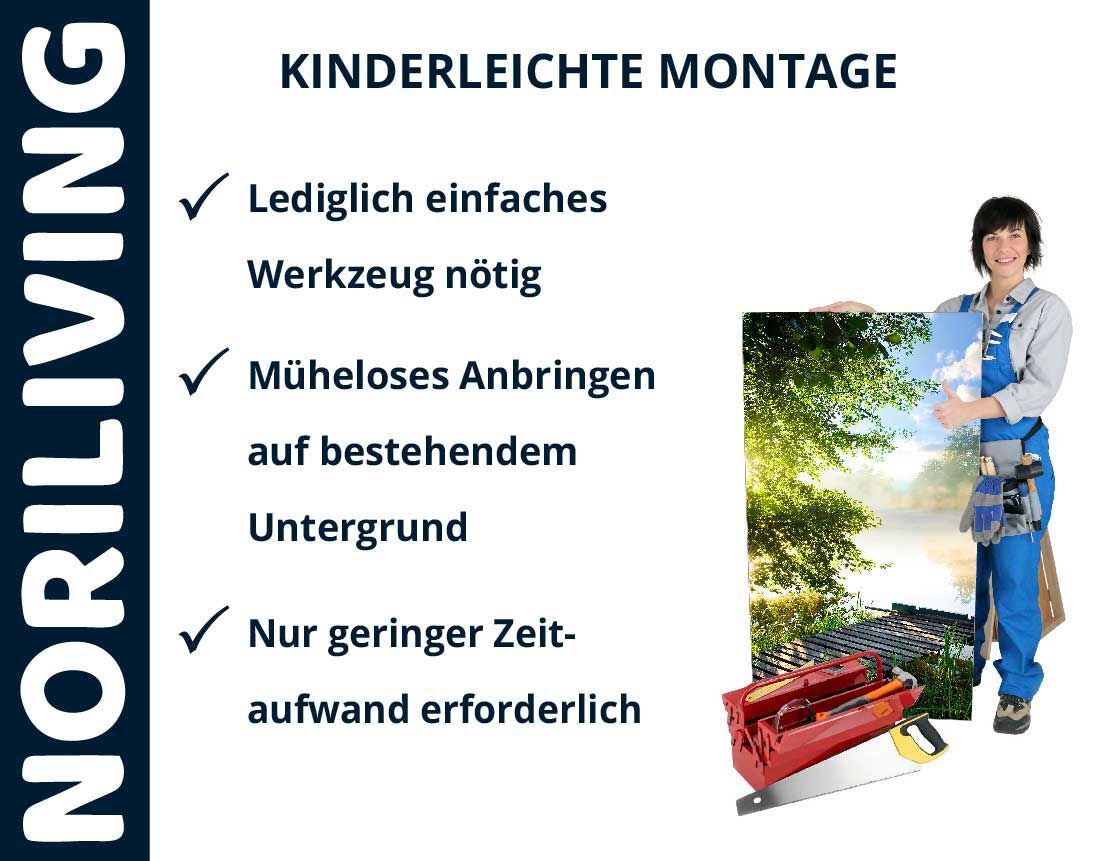 Frau präsentiert kinderleichte Montage von Noriliving mit minimalem Werkzeugaufwand