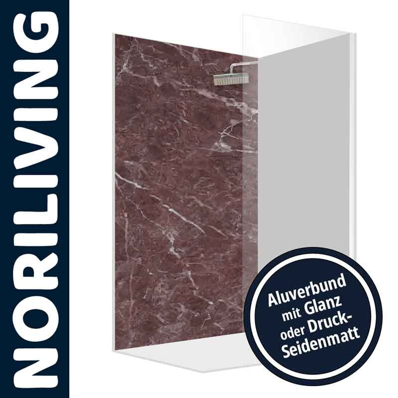 Duschwand aus Aluminiumverbund mit rotem Marmormuster, erhältlich in Glanz oder Mattdruck, von NORILIVING