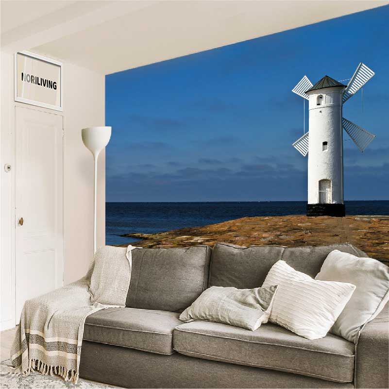 im Wohnzimmer eingebaute Wohnzimmerrückwand mit Motiv Leuchtturm Windmühle weiß 360