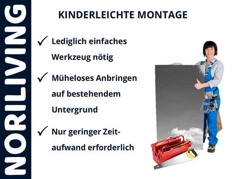 Montageanleitung von NoriLiving mit einfach benötigtem Werkzeug, müheloses Anbringen und geringem Zeitaufwand