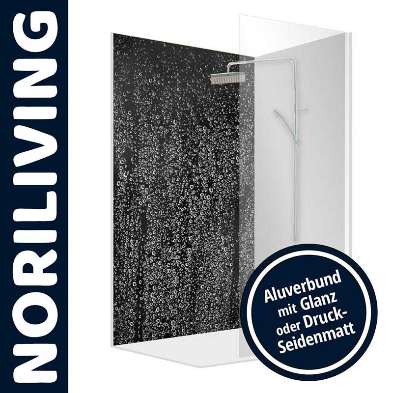 Duschwand von NORILIVING mit schwarzem Design und Aluverbund, erhältlich in Glanz- oder Druck-Seidenmatt-Ausführung