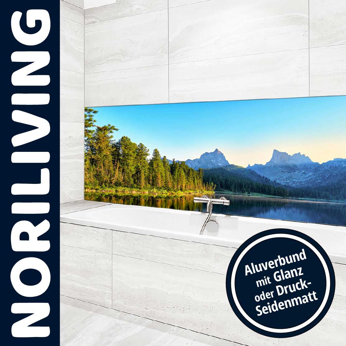 Ansicht des Badrückwand-Motivs Bergsee mit Wald 453 Oberkante