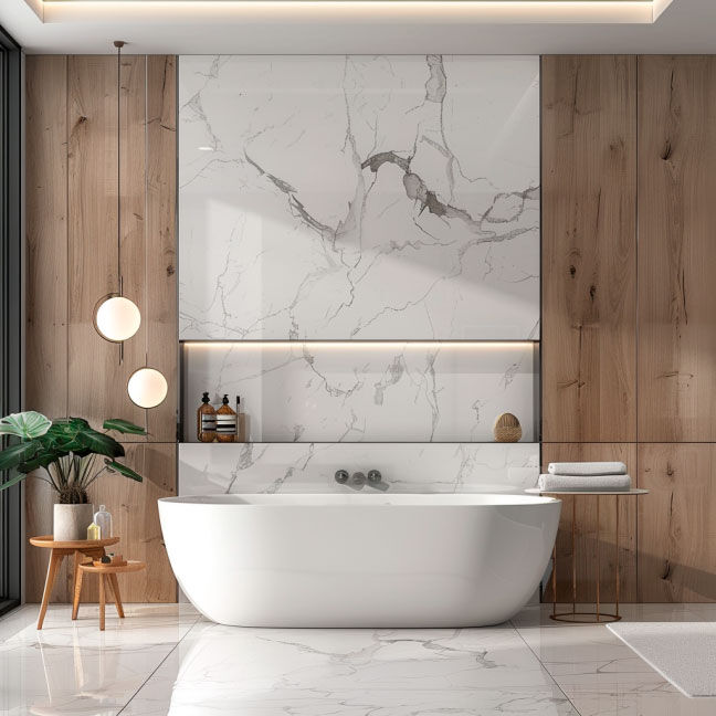 Modernes Badezimmer mit freistehender Badewanne und Marmordesign Elegantes Badezimmer mit großer, weißer freistehender Badewanne, hölzernen Wänden und Marmorböden, ergänzt durch dekorative Beleuchtung.
