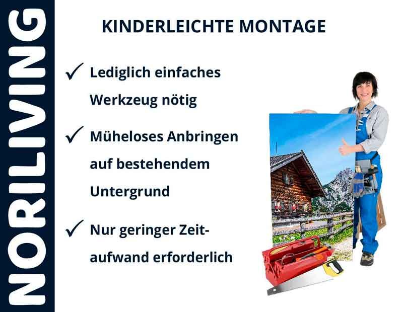 Werbung für NoriLiving mit einfacher Montageanleitung für Wanddekorationen und Handwerkerin im Hintergrund