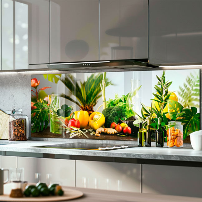 Moderne Küche mit dekorativem Gemüsemotiv auf Küchenrückwand Küche mit moderner Einrichtung und einer Küchenrückwand mit buntem Gemüsedekor, umgeben von Kochutensilien und grünen Pflanzen