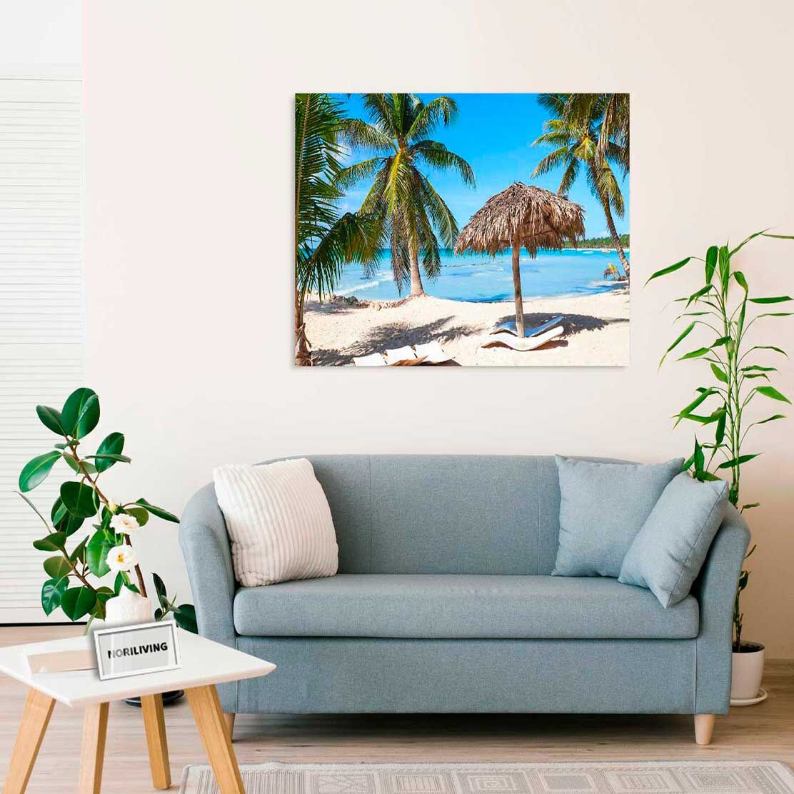Wandbild über dem Sofa mit Motiv Kokospalmen am weißen Sandstrand Insel Saona 558