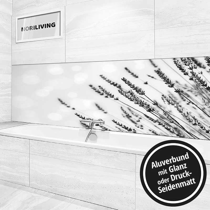 Ansicht des Badrückwand-Motivs Lavendel Blume 530 schwarz-weiß Höhe zentriert