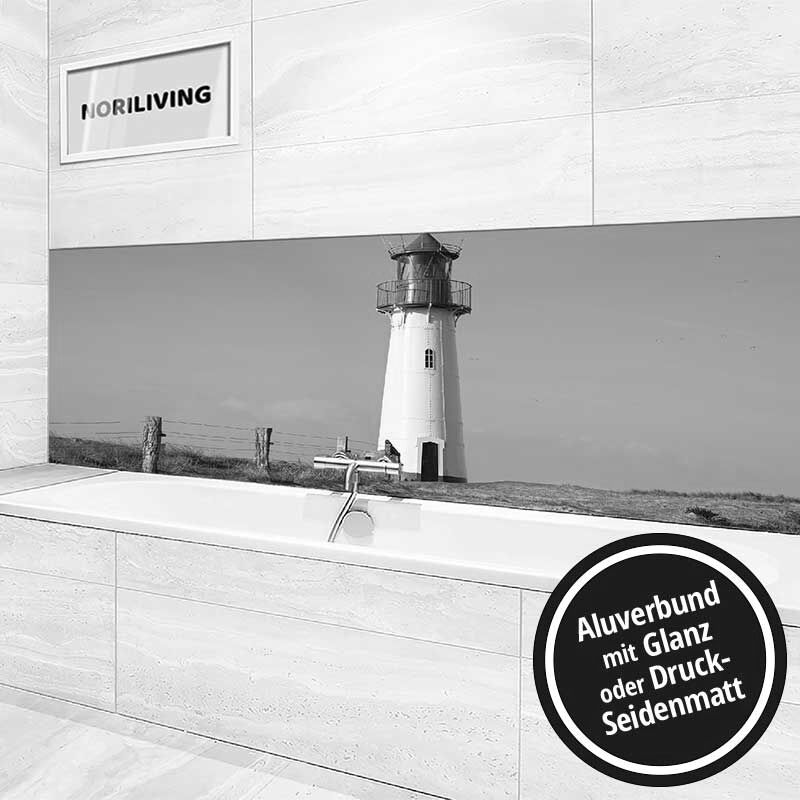 Ansicht des Badrückwand-Motivs Leuchtturm auf Sylt Nordsee 076 schwarz-weiß Höhe zentriert
