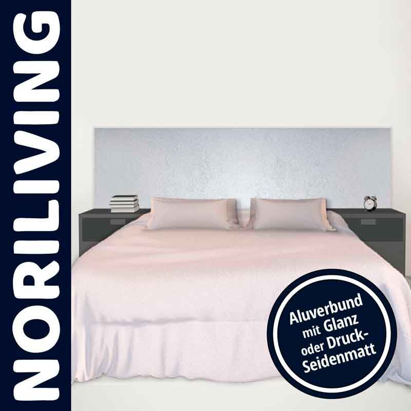 Modernes Schlafzimmer mit einem Bett von NORILIVING, ausgestattet mit einem Aluverbund Kopfteil in Glanz oder Seidenmatt.