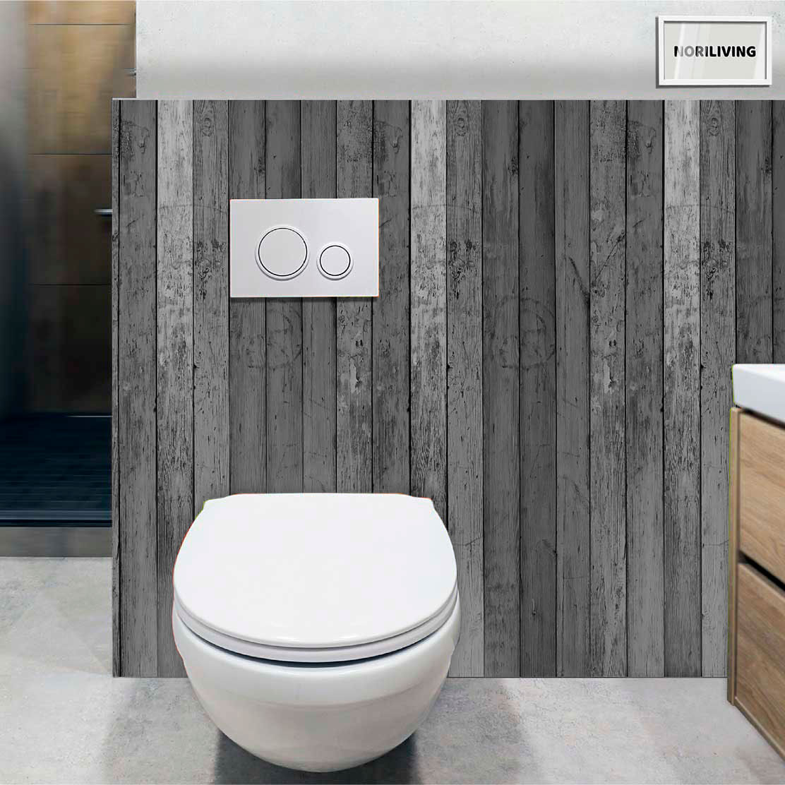 im WC eingebaute Toilettenrückwand mit Motiv bunter Holzzaun 169 schwarz-weiß