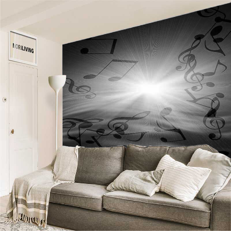 im Wohnzimmer eingebaute Wohnzimmerrückwand mit Motiv Musiknoten im Sonnenstrahl 489 schwarz-weiß