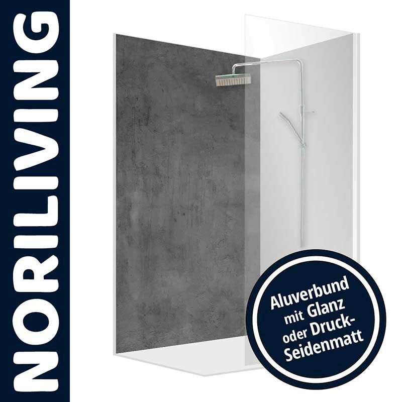 Duschwand von NORILIVING mit grauem Betonmuster und verchromter Duscharmatur, verfügbar mit glänzender oder seidenmatter Oberfläche aus Aluverbundmaterial
