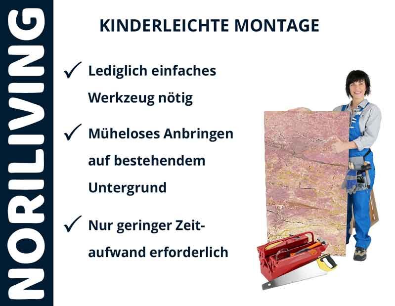 Installationshinweise von NORILIVING mit einfacher Montage, geringem Zeitaufwand und minimalem Werkzeug; Person hält Wandverkleidung