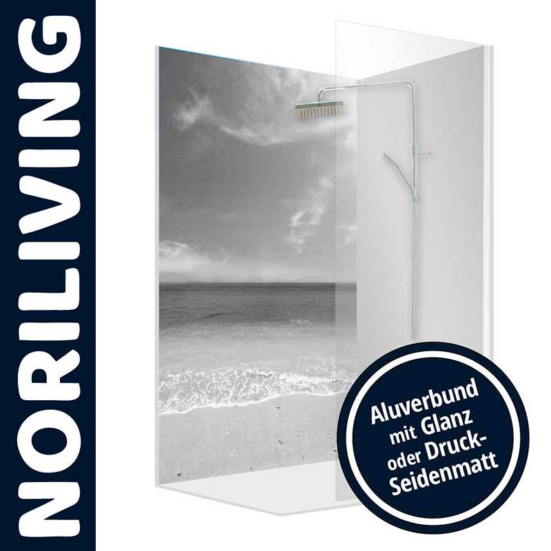 Duschwand von NORILIVING mit Strandbild, erhältlich in glänzendem oder seidenmattem Finish