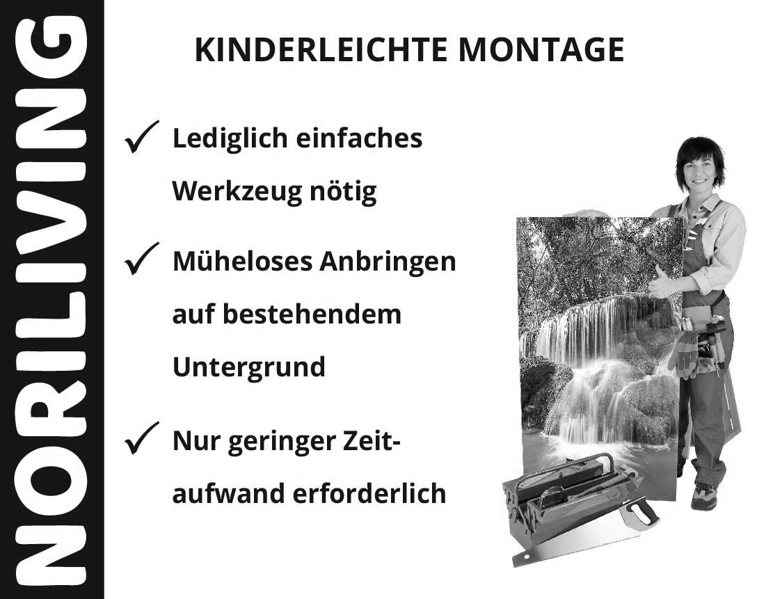 Person hält ein Bild mit Wasserfallmotiv. Text: 'NORILIVING - Kinderleichte Montage, einfaches Werkzeug, mühelos anbringbar, geringer Zeitaufwand'