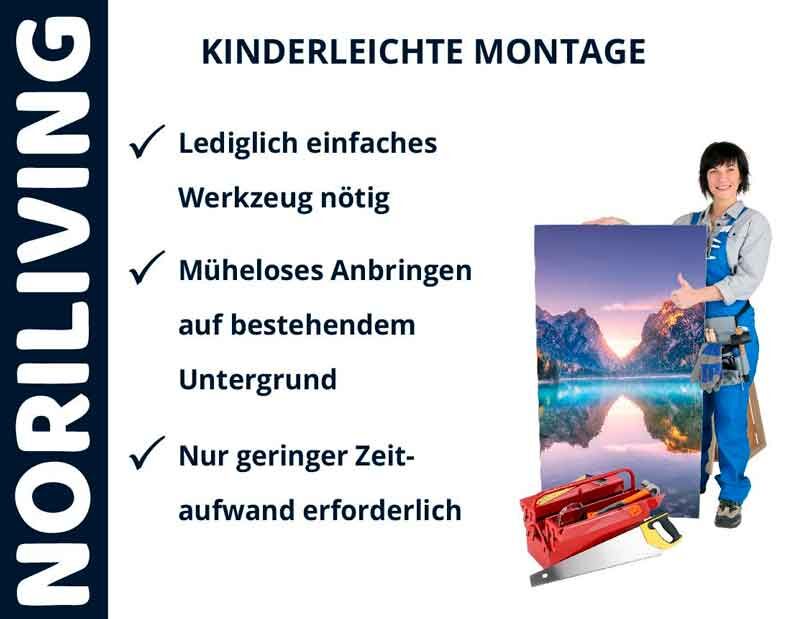 Werbeschild von Noriliving zeigt Vorteile der kinderleichten Montage: einfaches Werkzeug, müheloses Anbringen auf bestehendem Untergrund, geringer Zeitaufwand.