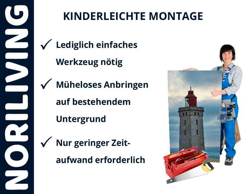 Montageanleitung von Noriliving mit einfacher Werkzeugliste und Bild einer Person, die ein Bild hält