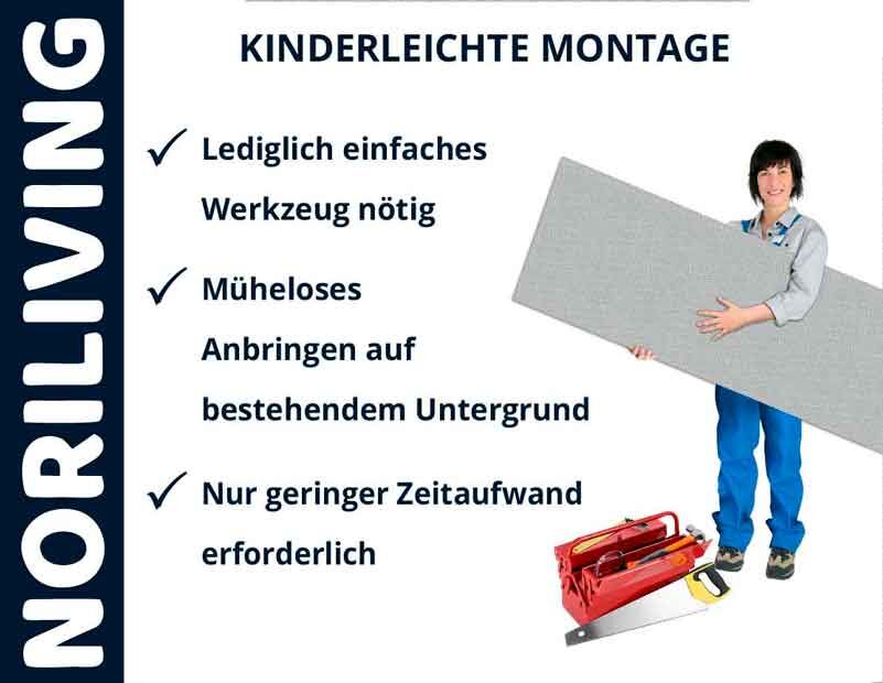 Eine Person zeigt die einfache Montage von NORILIVING Paneelen. Lediglich einfaches Werkzeug nötig, müheloses Anbringen, geringer Zeitaufwand.