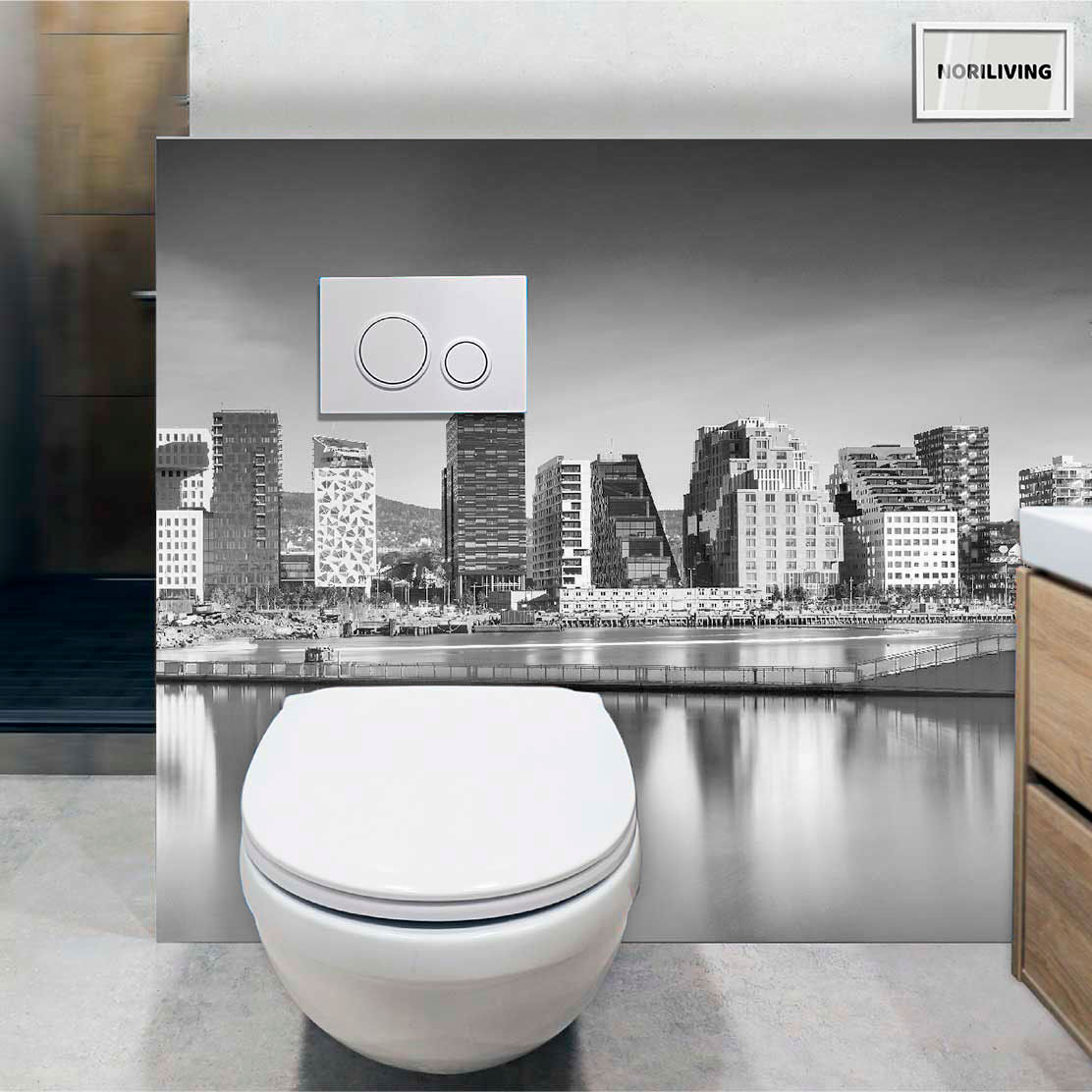im WC eingebaute Toilettenrückwand mit Motiv Opernhaus Oslo in Norwegen 394 schwarz-weiß