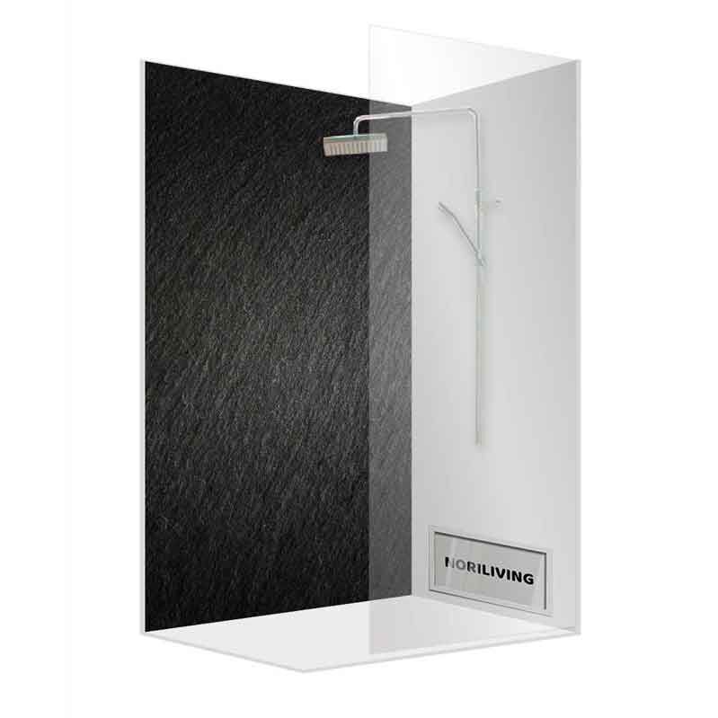 Moderne Dusche mit einer Glasabtrennung und schwarzem Wandpaneel