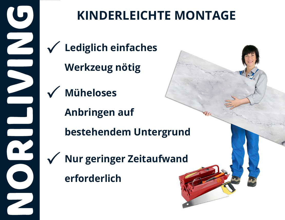 Eine Person hält eine große Platte, daneben einfache Werkzeuge und der Text 'Kinderleichte Montage' mit Beschreibung der einfachen Anwendung.
